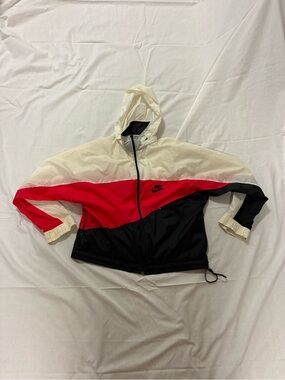 Nike Men’s Vintage 90s Hooded Colorblock Windbreaker Rain Jacket Cream/Red/Black